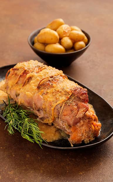 Lombo de porco com farinheira e azeitona verde